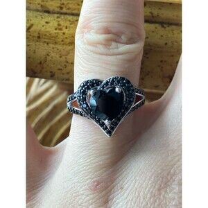 Natural Black Spinel Sterling Silver Heart Ring Size 7